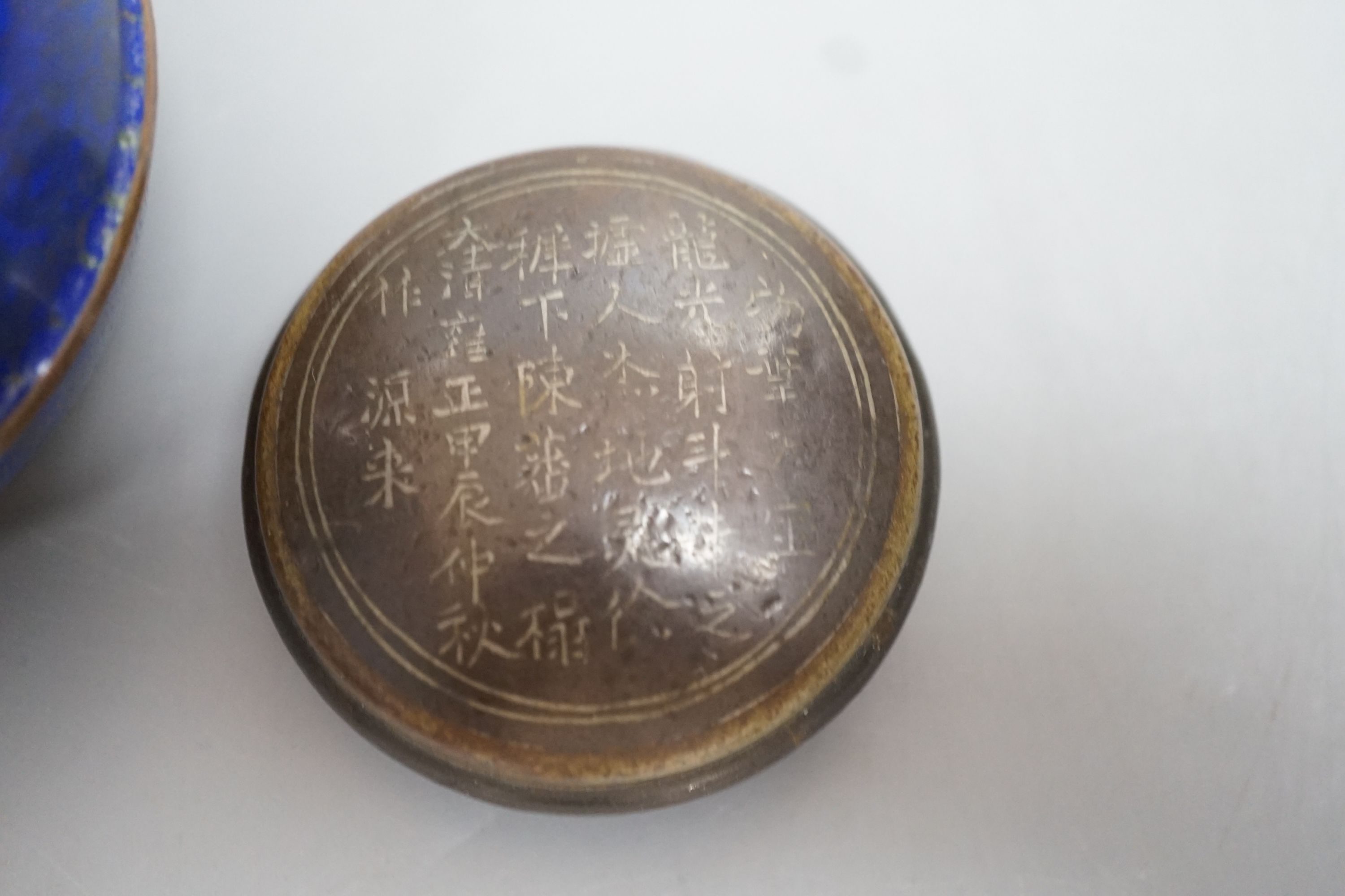 A Chinese white metal wire inlaid bronze seal paste box, 19th century and a cloisonne box, 8cm diameter